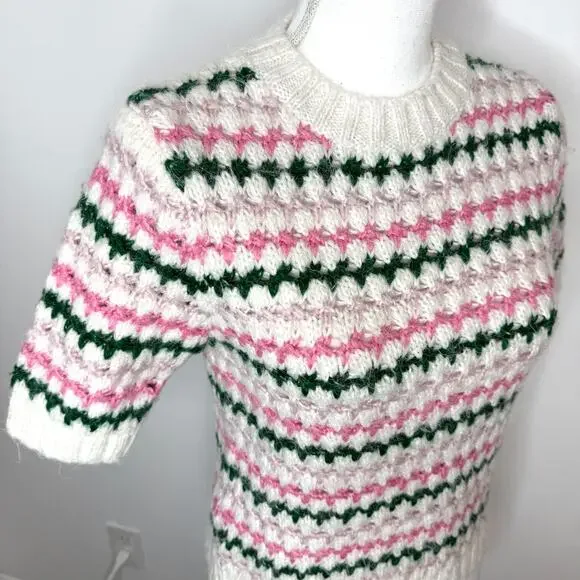 ZARA Crochet Knit Cropped Pastel Short Sleeve Sweater In Cream Pink Size Small - Picture 5 of 10